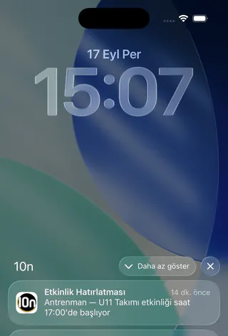 Etkinlik hatırlatması: antrenmandan ne kadar önce gideceği etkinlikte seçilir.