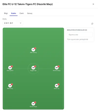 Maç ekranı: kadro, skor ve maç sonrası istatistikler.